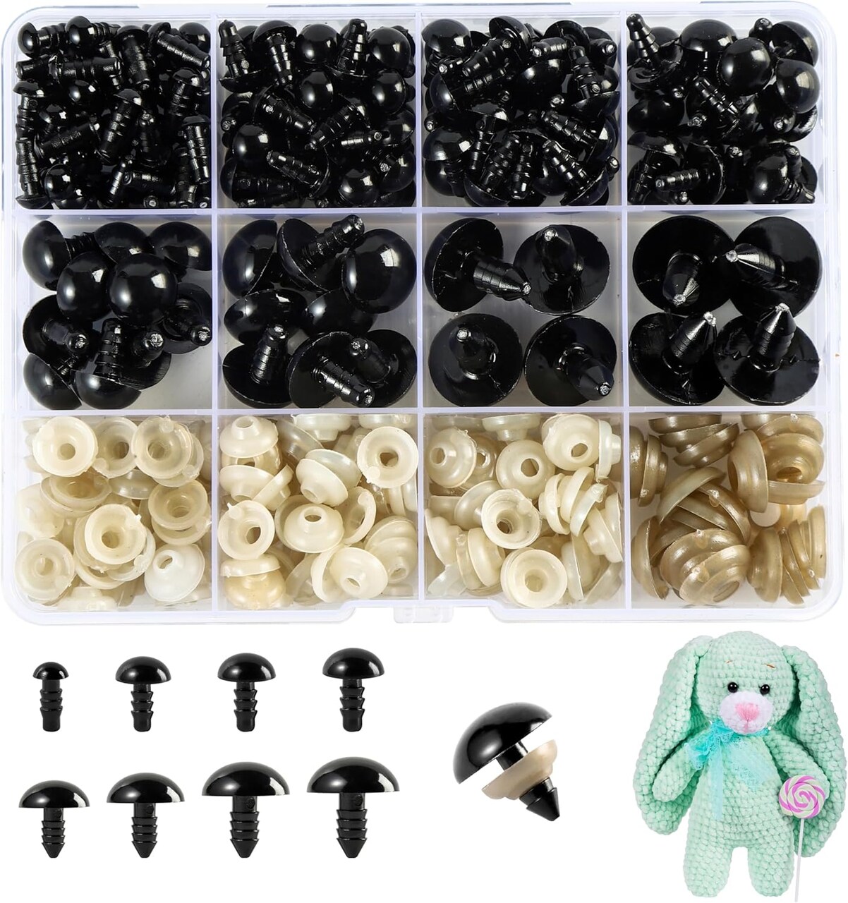 130-Piece Black Plastic Safety Eyes with Washers – 6mm to 18mm (8 Sizes) for Amigurumi, Crochet Dolls, Plush Toys & DIY Crafts